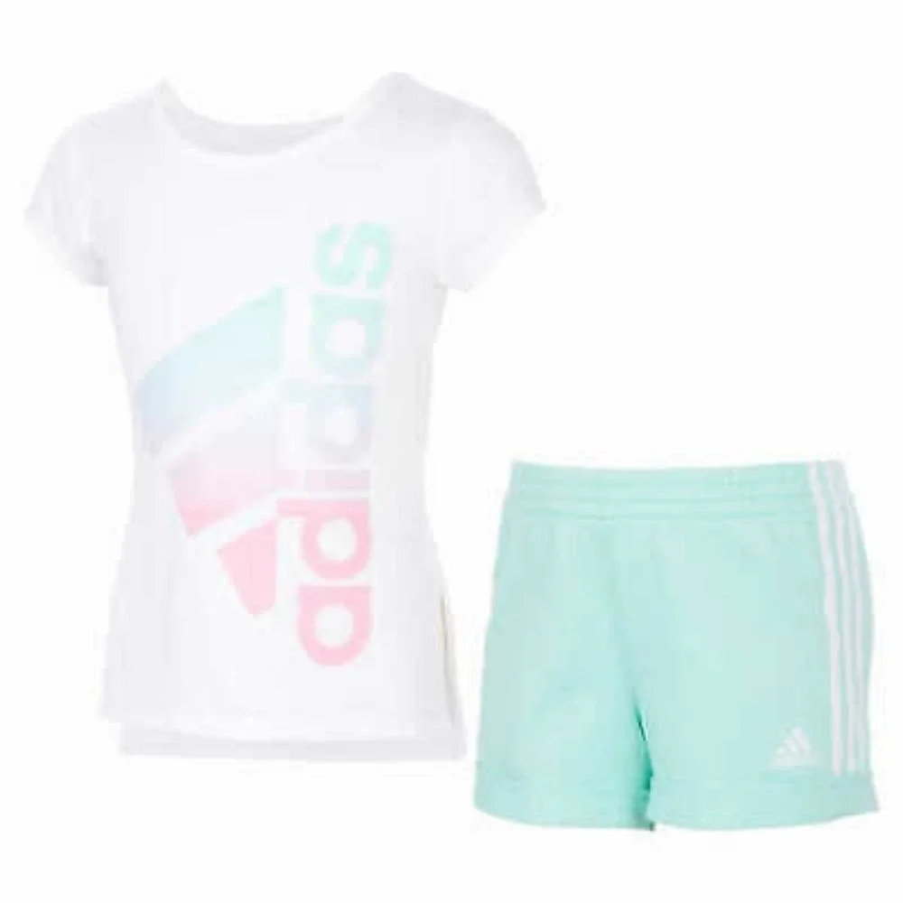 Girl's Adidas 3 Piece Set Tee Shirts and Shorts Green White Grey Size 5